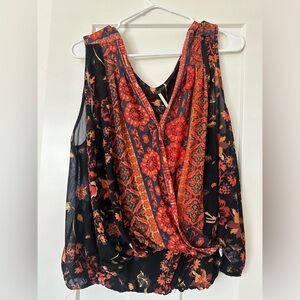 Free People Boho Floral Mesh Tulle Sleeveless Top Rust Black Small